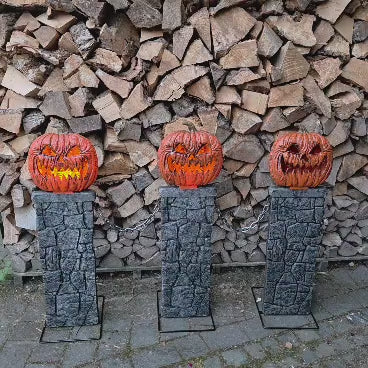 Kürbis Zaun Halloween 160 cm – 3 Kürbisse mit flackerndem Licht